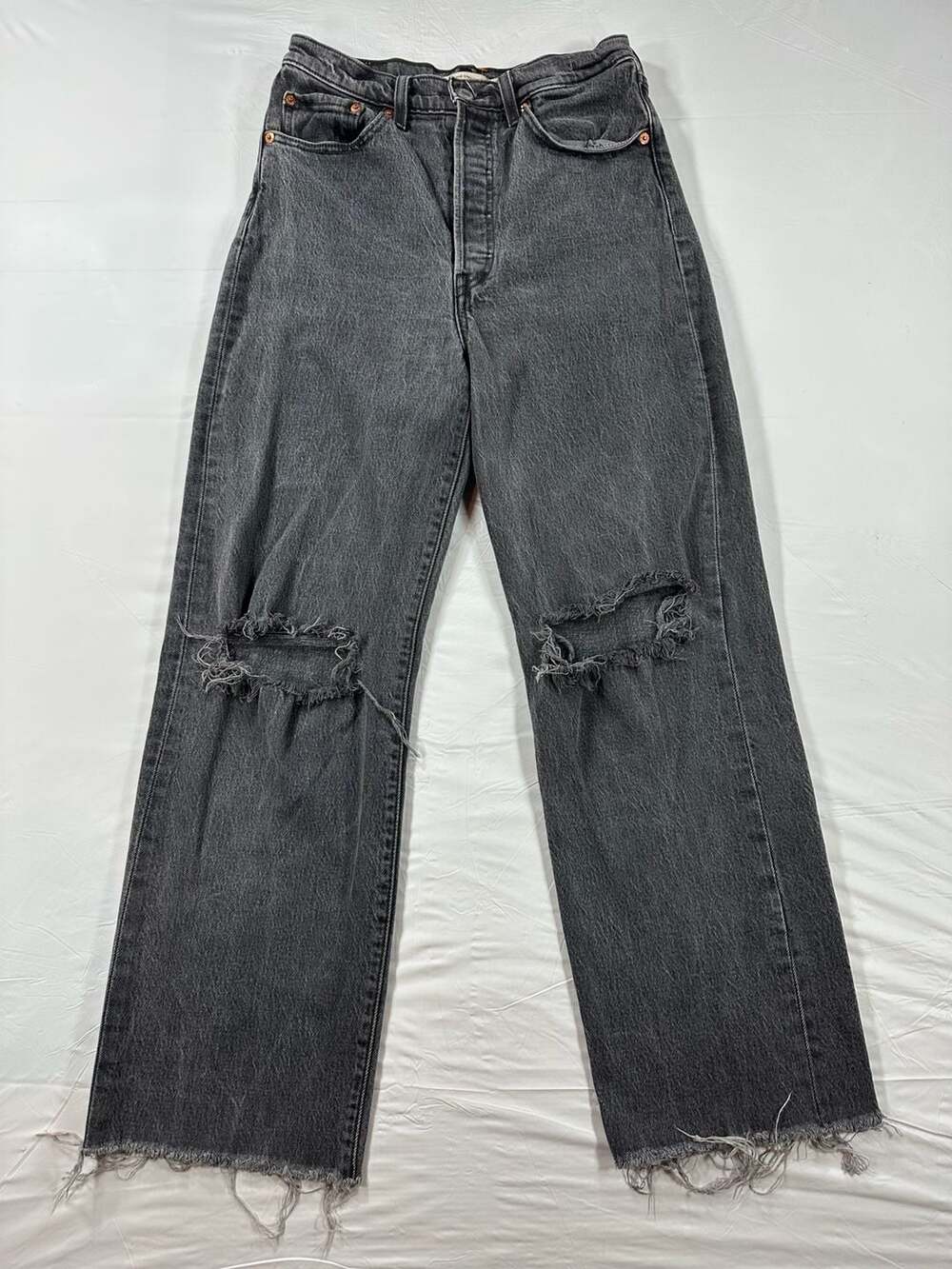 Levi's Ribcage Straight Ankle Distressed Button Fly Black Jeans W27 Grunge